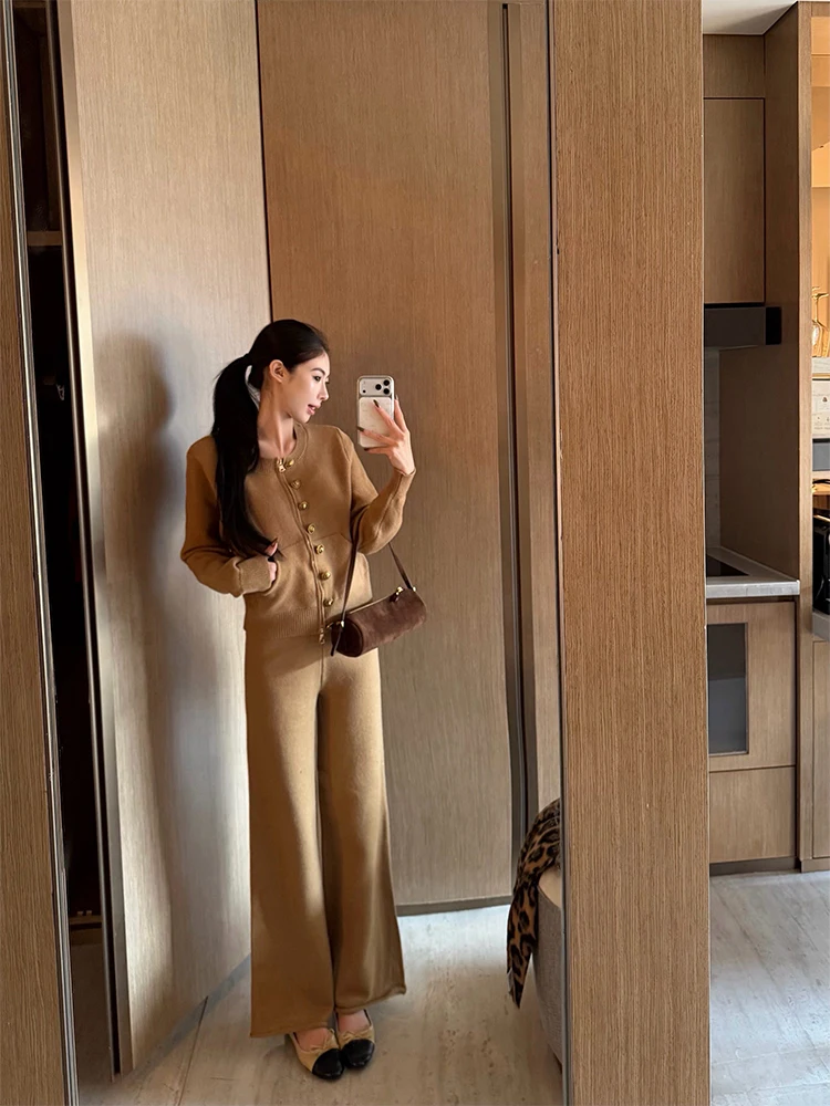 Lush Green Color Zipper Knitted Open Cardigan And Long Pants Two-Piece Set for Women Casual Style Autumn Slimming Effect