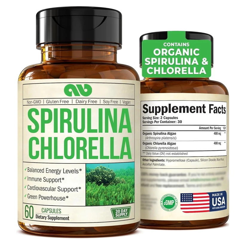 Organic Spirulina and Chlorella Capsules | Used for immunity, antioxidants, and energy support. vegetarian diet. 60 capsules