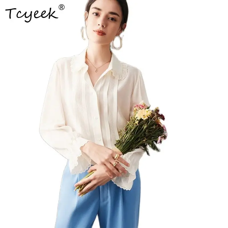 

Tcyeek, 6A 100%Real Silk Elegant Shirt, Women Long Sleeve Lace Lapel, Commute Simplicity OL Blouse, 2024 Summer New T45890QC