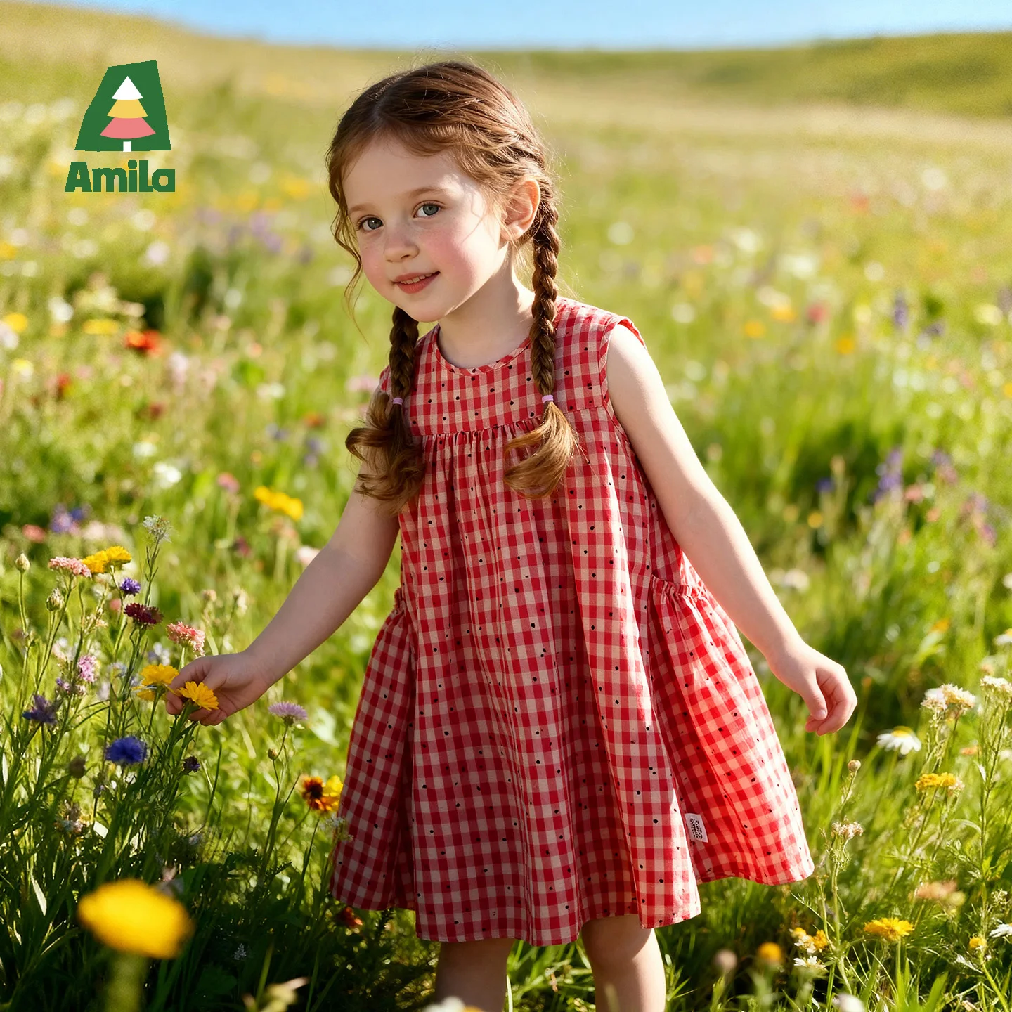 Amila 2026 Summer New Girls' Dress, Pastoral Style, Polka Dot With Heart Pattern, Gentle And Cute, Sweet Vest Dress