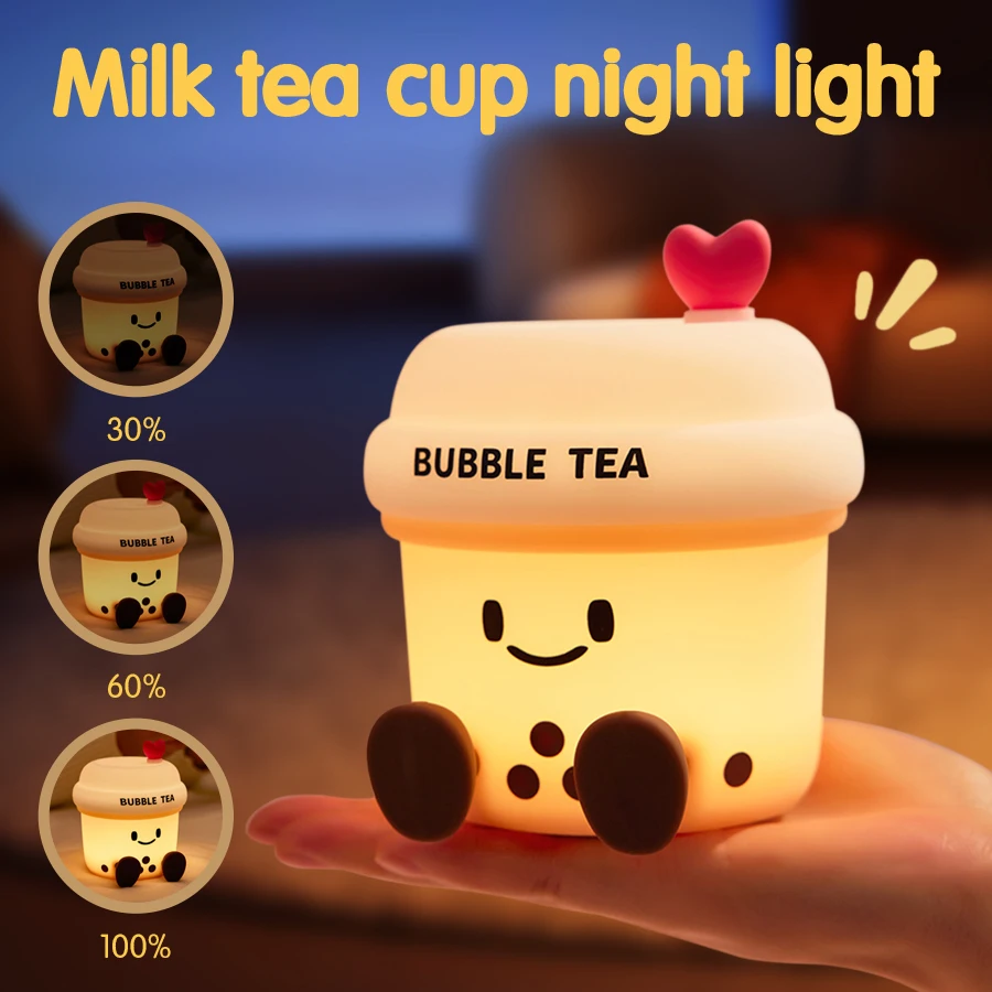 

Cute Milk Tea Cup Silicone Lamp USB Rechargeable LED Night Light Timing Nightlight Children Christmas Gift Bedside Decor Light