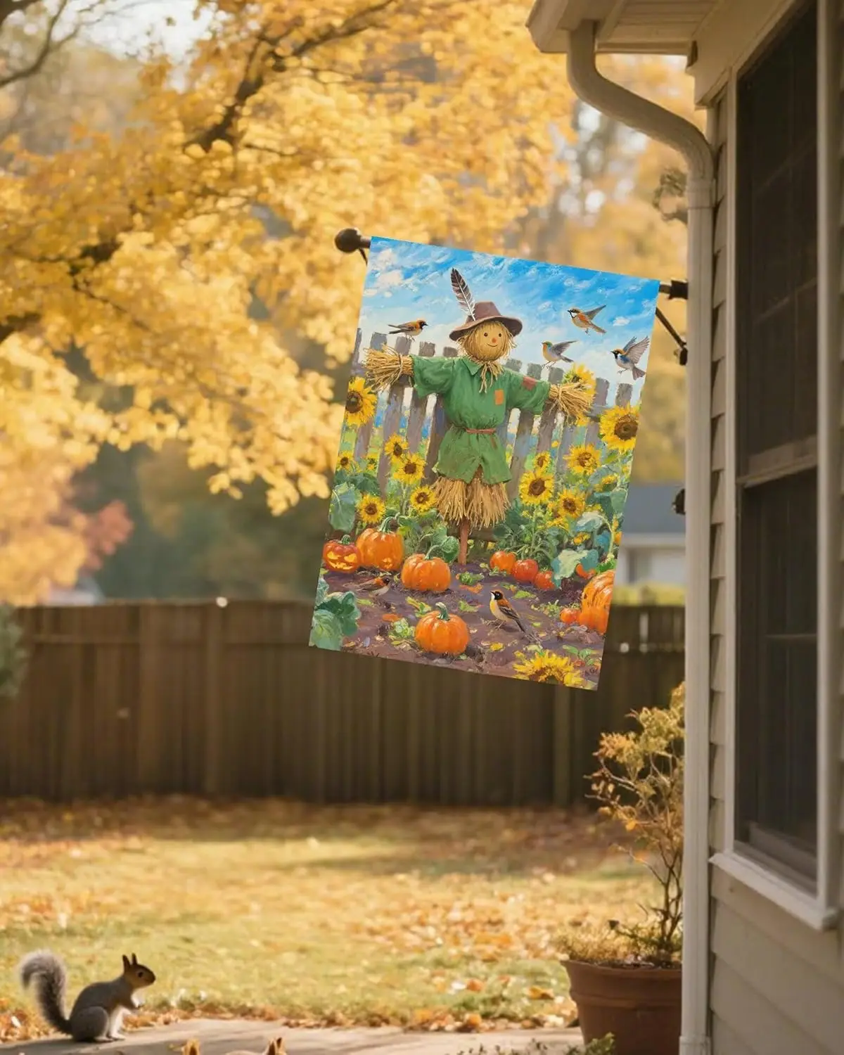 Cute Scarecrow with Birds Sunflowers Pumpkin Harvest Fall Thanksgiving House Flag 28