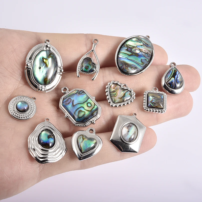 2pcs Various Shape Abalone Shell Trendy Square Oval Rectangle Stainless Steel Charm For Jewelry Making Supplies DIY Pendant Bulk