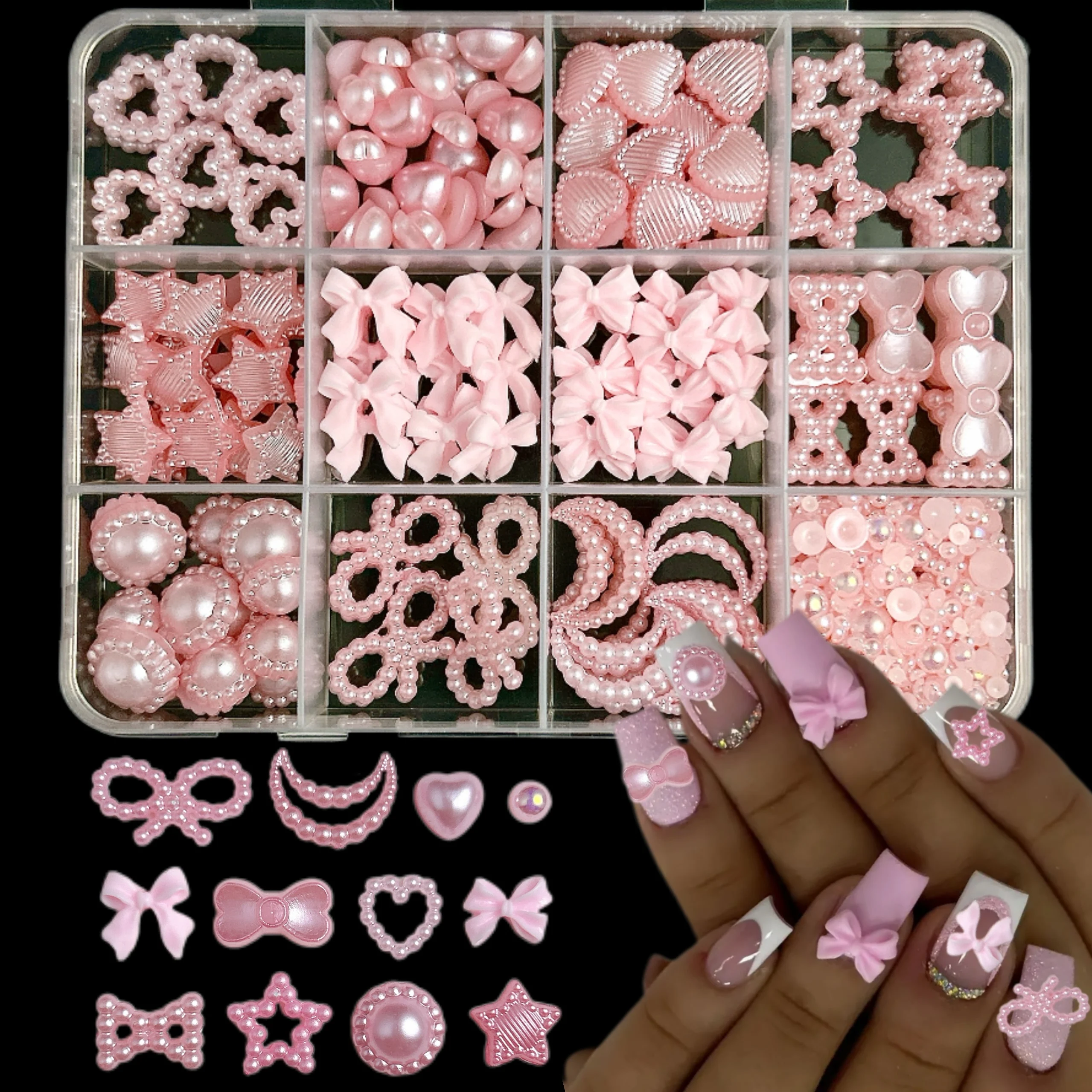 1Box Hollowed Realistic Pearl Heart Pentagram Nail Charms Sweet Wind Ribbon Bows Rainbow Mixed Resin Nail Art Decorations DIY