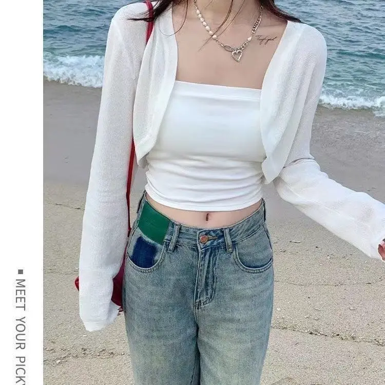 Ice Silk Knitted Short Thin Cardigan Women's Outerwear Summer Air Conditioning Sun Protection Shawl Trendy V-neck Long Sleeve