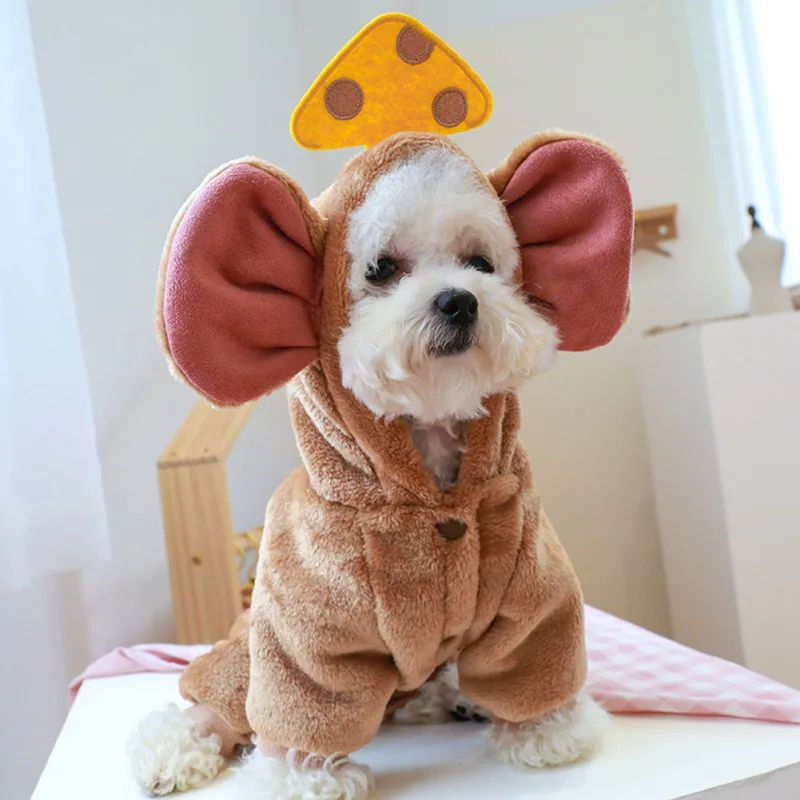 Pet Cute Velvet Hooded Onesie Coat Dog Comfortable Soft Cheese Mouse Big Ears Clothes Winter Warm Wool Jacket Vest Cat Pajamas