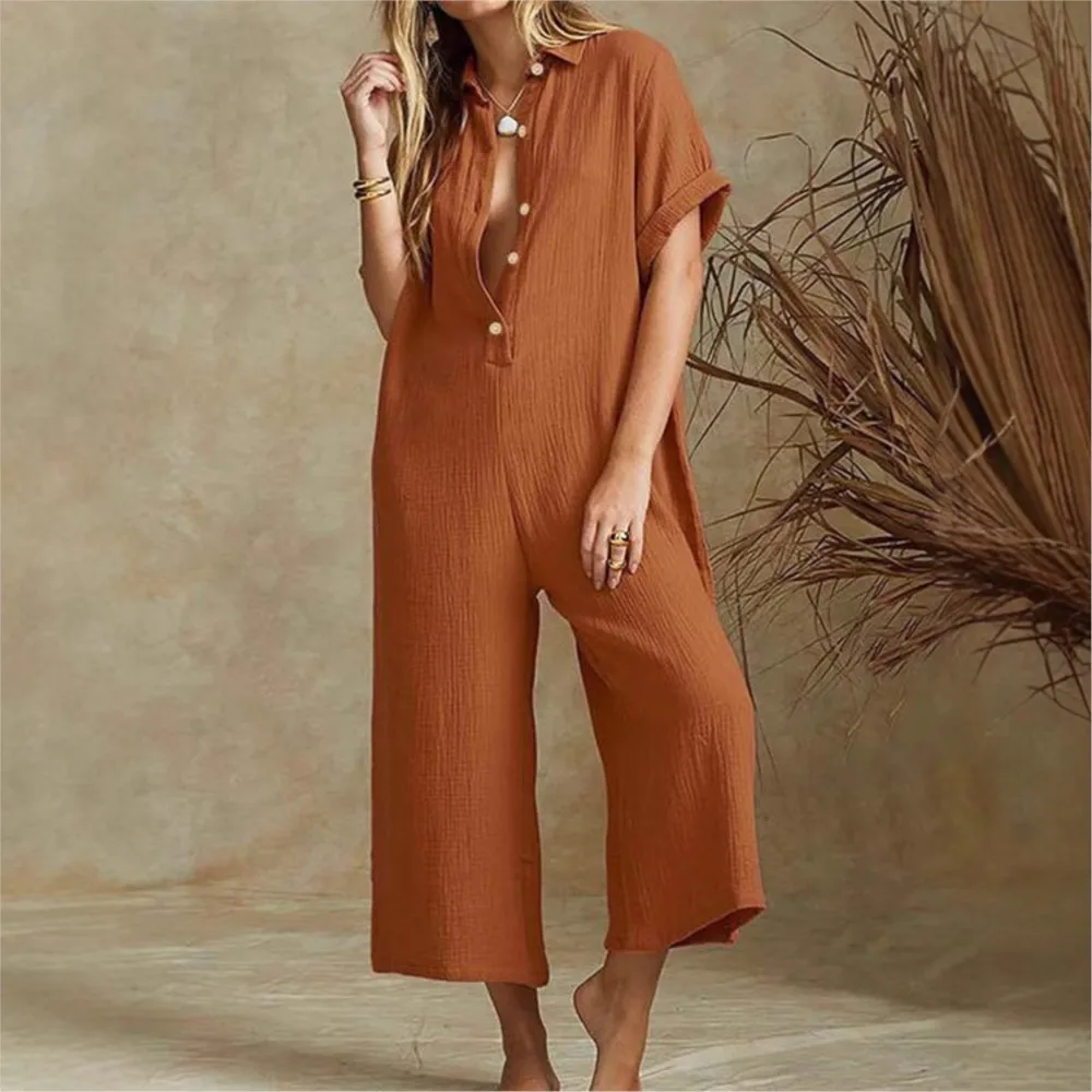2026 Casual Jumpsuits For Woman Rompers Playsuits Simple Style All-match Homewear Loose Solid Color Holiday V-link Comfortable