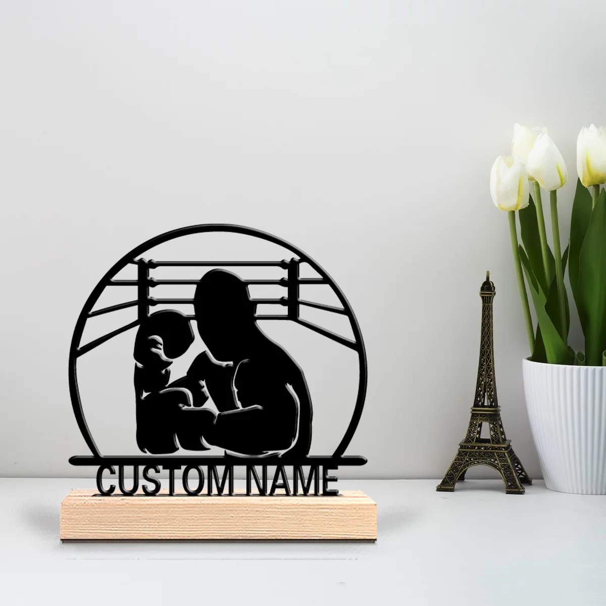 1pc Abstract boxing Personalized Name Tin Statue With Wood Base Metal Sculpture With Wood Base Study Desktop Decoration