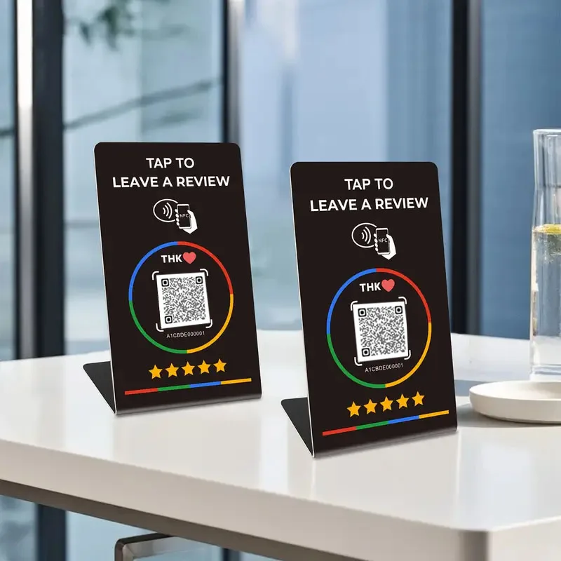 Programmable NFC Review Card with QR Code 13.56MHz NTAG215 Editable for Business Social Media Table Stand Display Stand