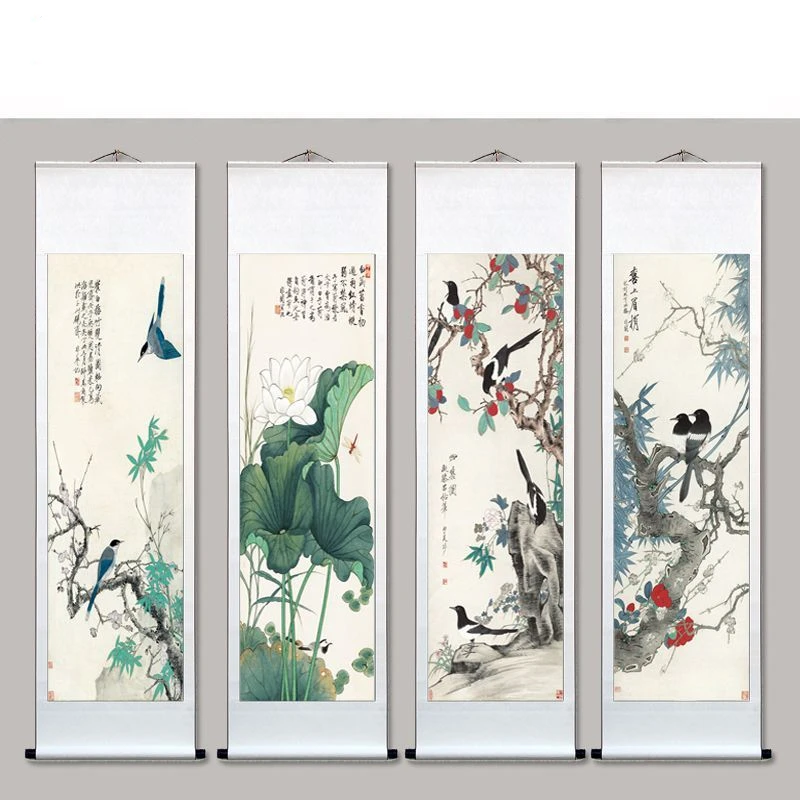 

Flower, Bird, Magpie, Four Screens Traditional Chinese Style Scroll Painting, Lotus Living Room Decoration Aesthetic Room Decor