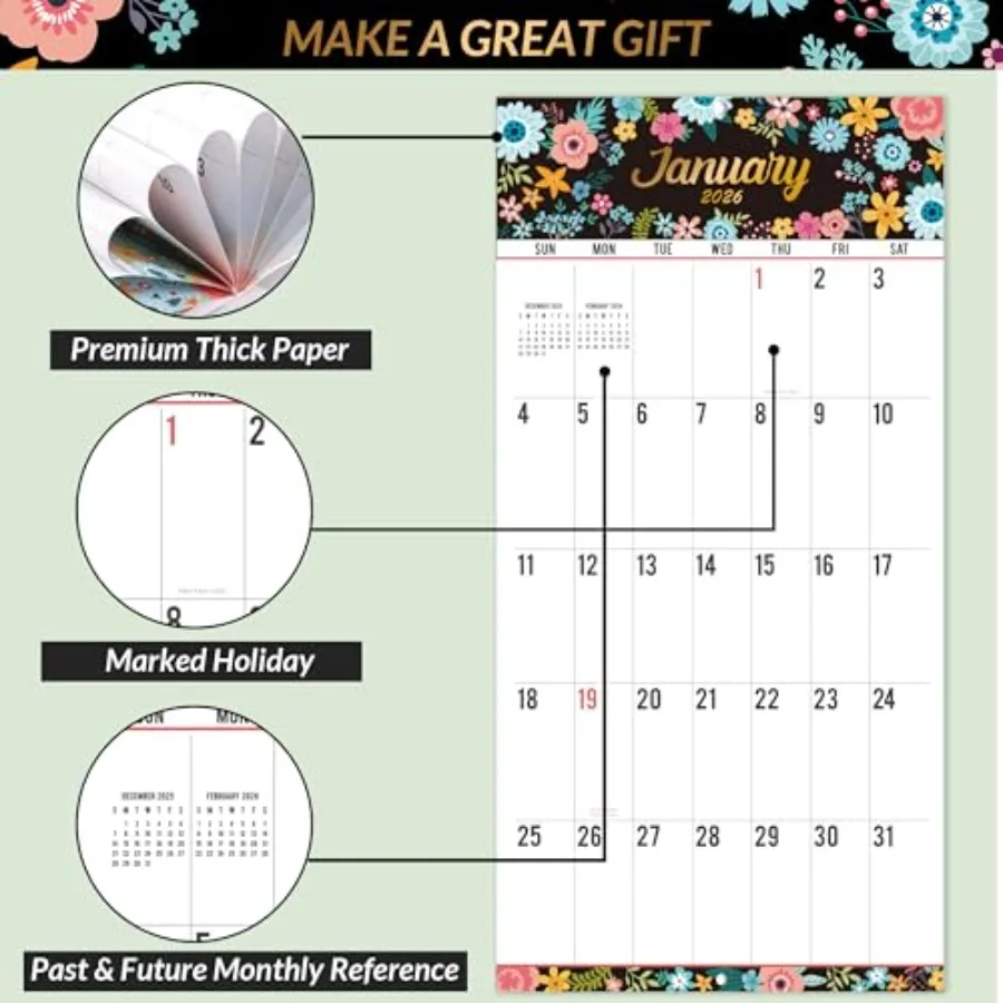 Calendario da parete 2026 Calendario mensile 12 mesi 2026 gennaio 2026 dicembre 2026 Calendario da parete con griglia grande con stampa grande 12" x 24" aperto