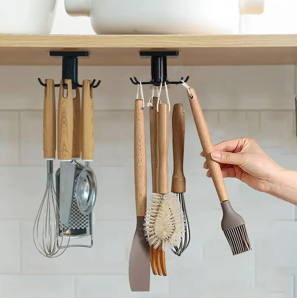

4PCS Under Cabinet Hooks, 360 °Rotation Nail Free Adhesive Kitchen Hanging Hooks for Kitchen Utensils/Tools/Towel/Knife
