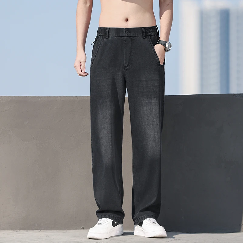 ¡Esencial de primavera y verano! Vaqueros Tencel para hombre, tela fina de hielo, corte recto suelto de calle alta, drapeado, cintura elástica w