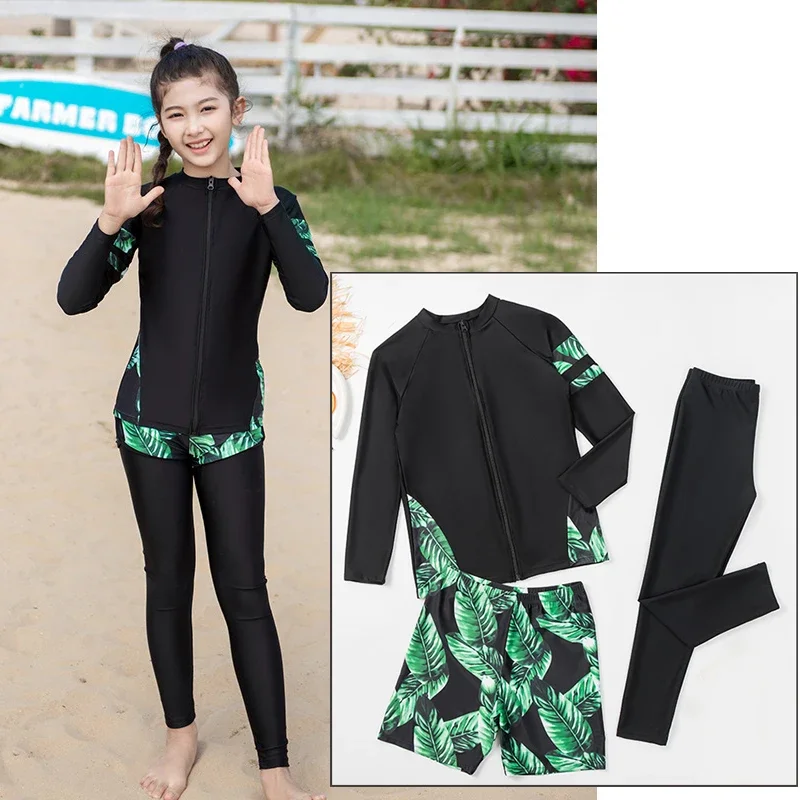 

Girls Boys Three Piece Rash Guard Swimsuits Kids Long Sleeve Sunsuit Swimwear Sets Beachwear Jogger Athletic Bathing Suits