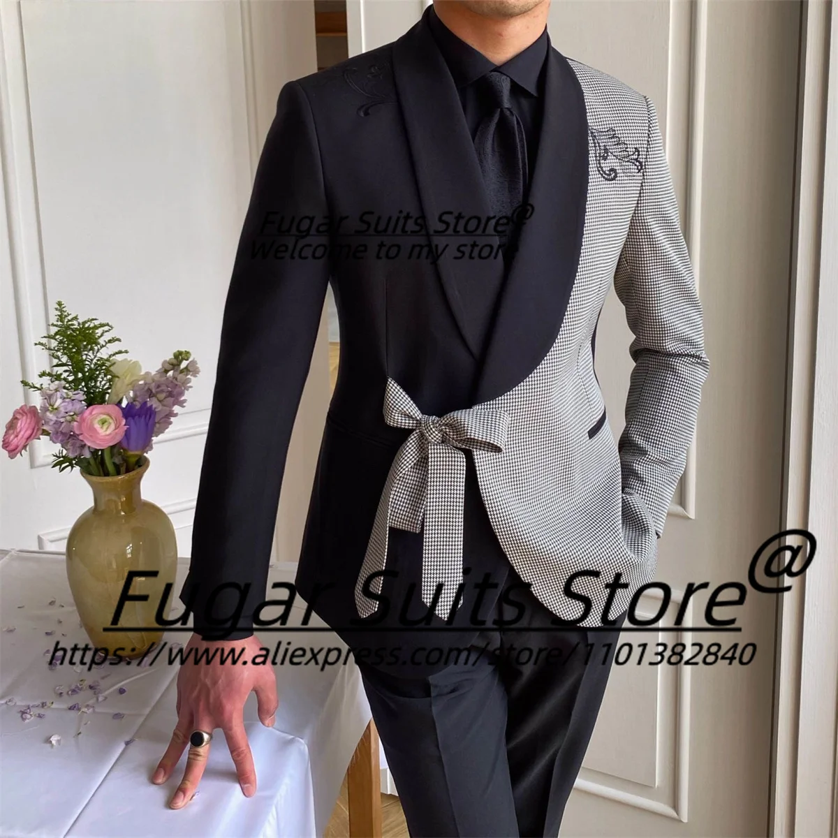 Latest-design Black Splice Elegant Suits For Men Slim Fit Shawl Lapel Groom Tuxedos 2 Pcs Sets Fashion Male Blazers Ropa Hombre