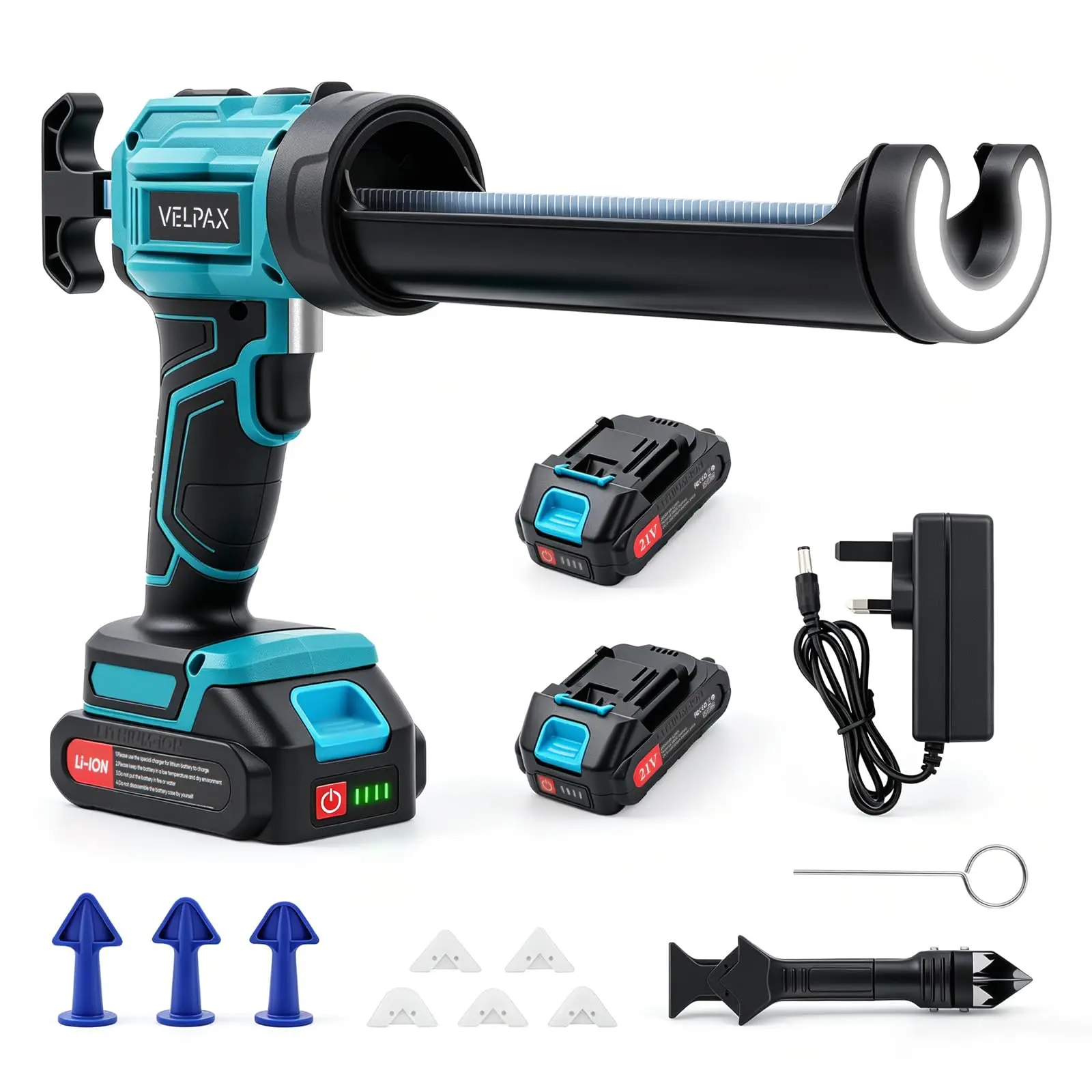 Pistolet à mastic électrique, pistolet à silicone sans fil avec 2 batteries de 2000 mAh, 4 vitesses réglables, lumière LED, conception anti-goutte, compatible avec des cartouches de 300 ml, pour le calfeutrage DIY et professionnel