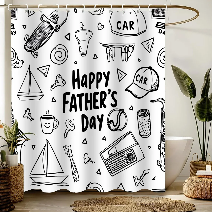 Happy Father's Day Shower Curtain, Doodle Skateboard Car Print, Funny Dad Gift, Waterproof Polyester Fabric Bathroom Decor