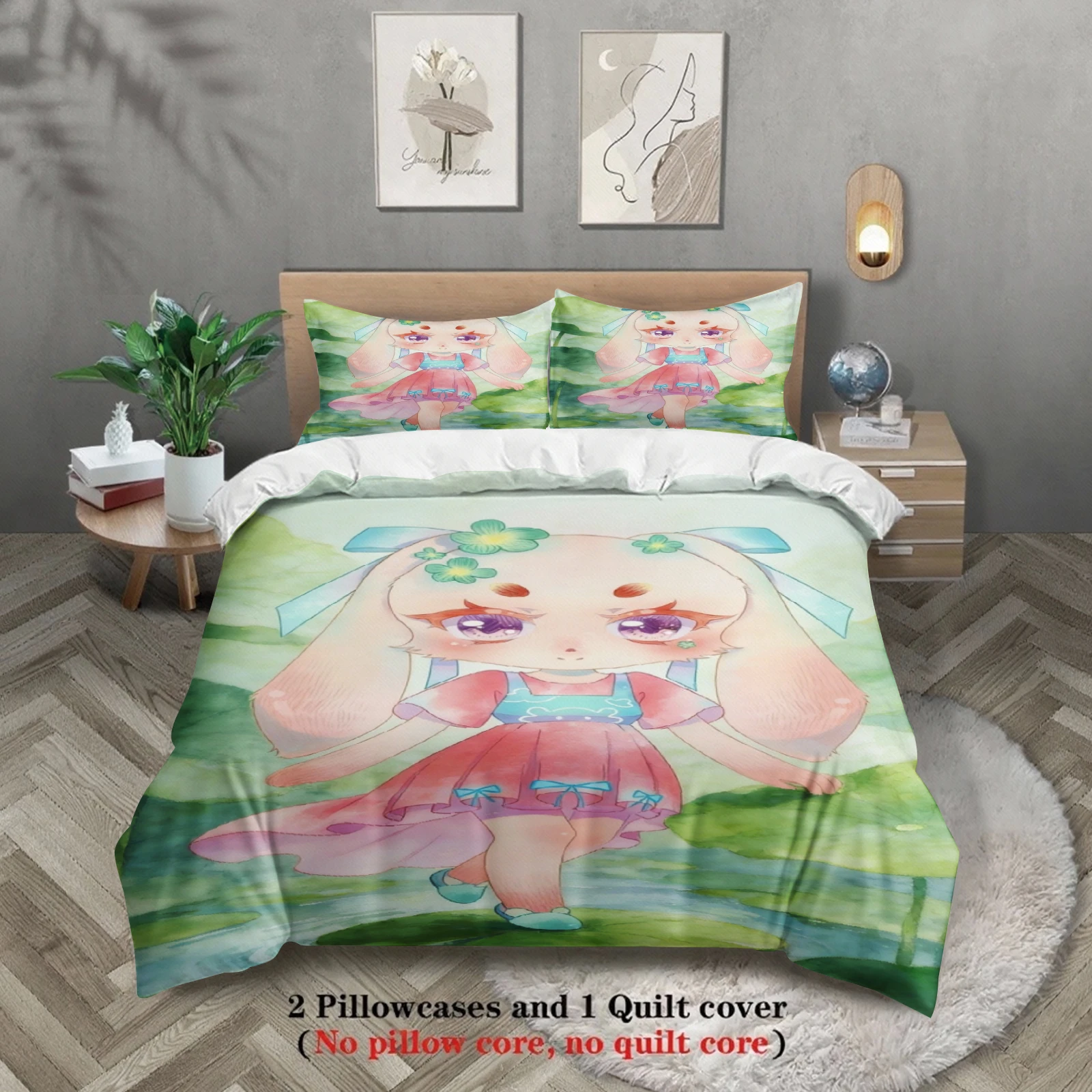 

Softville Cozy Town 3PCS Bedding Sets Lop Rabbit in Spring Stream Printed Duvet Cover No filling Cartoon Style Queen King Size
