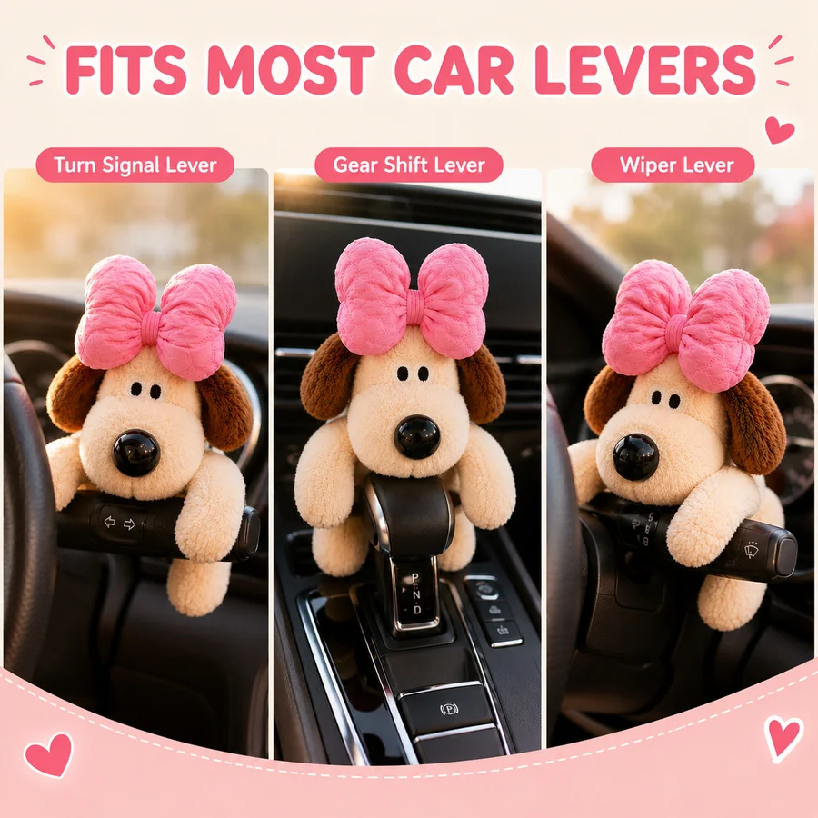 Cute Plush Puppy Car Decoration, Soft Stuffed Dog for Wiper Lever Gear Shift Hanging Interior, Funny Vehicle Accessory Gift
