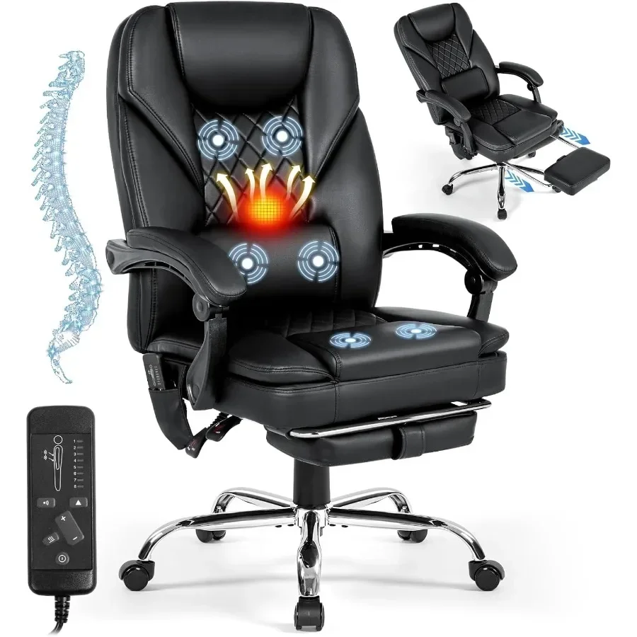 Massage heated office chair with foot rest for workspace use, premium leather material, black color, ergonomic support and dual