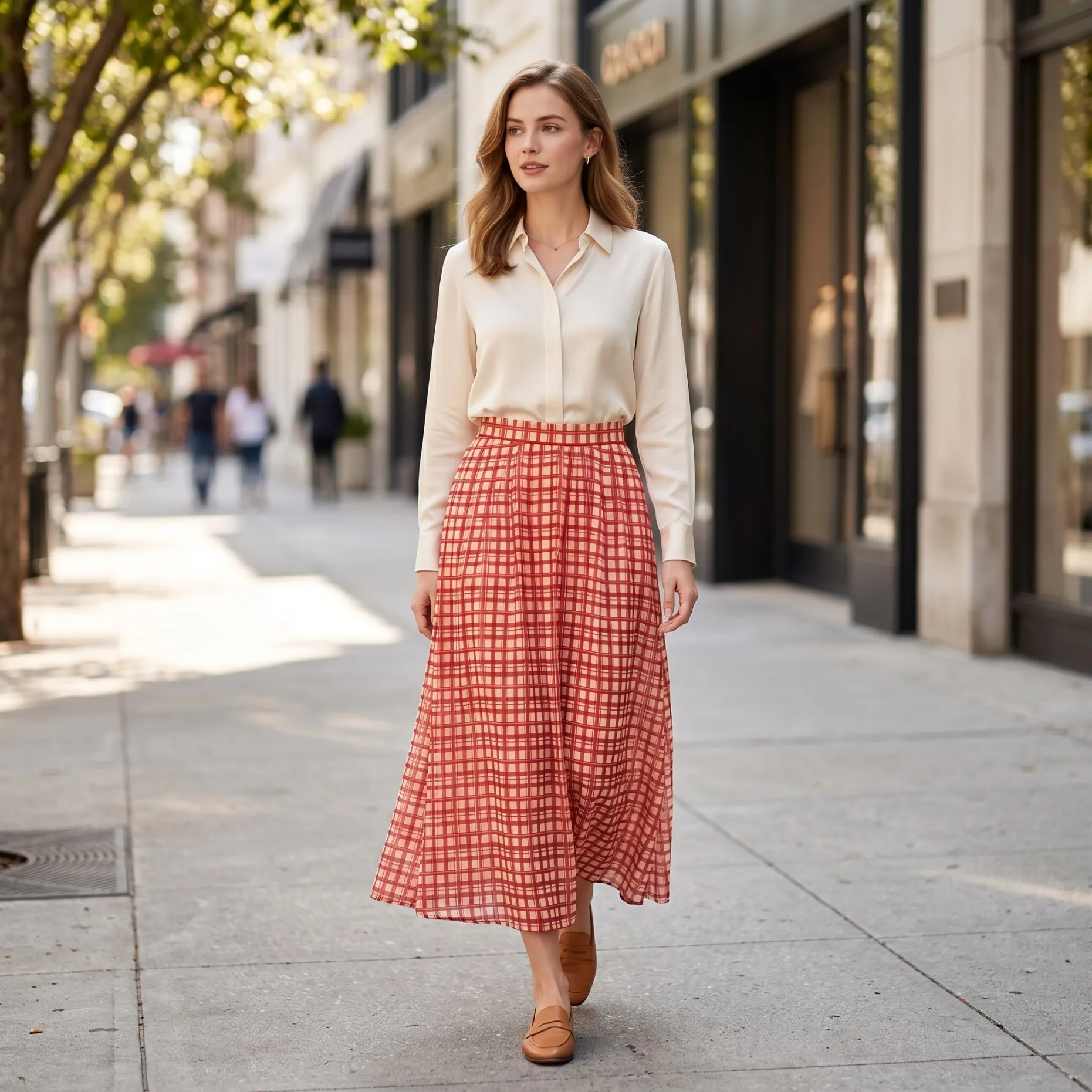 Women Red Plaid Maxi Cotten Skirt Elegant High Waist A-Line Long Skirt French Vintage Check Print Flowy Summer Skirt BF2306