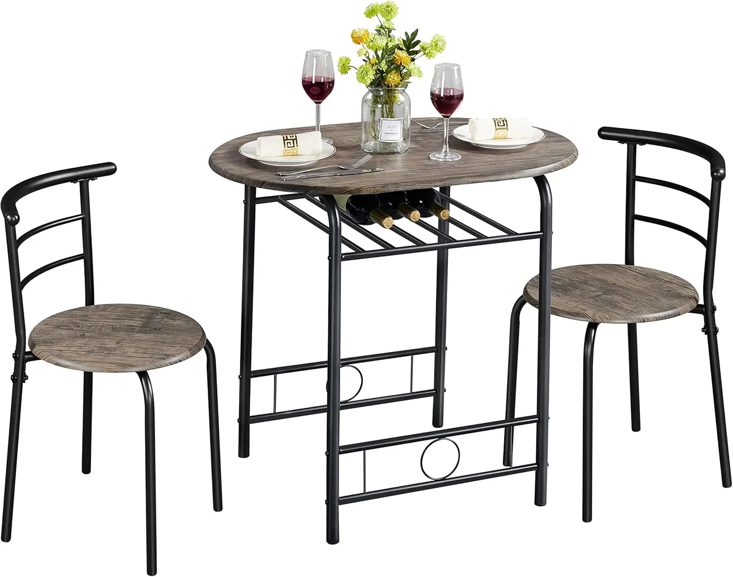

3 Piece Dining Table Set, Kitchen Table & Chair Sets for 2, Compact Bistro Table Set with Steel Legs, Built-in Wine Rack