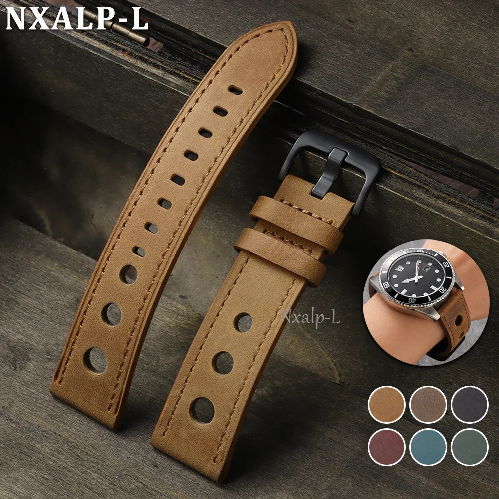 Retro Cowhide Watch Band 18mm 20mm 22mm 24mm Porous Breathable Matte Leather Strap Men Women Smartwatch Wristband Accessories