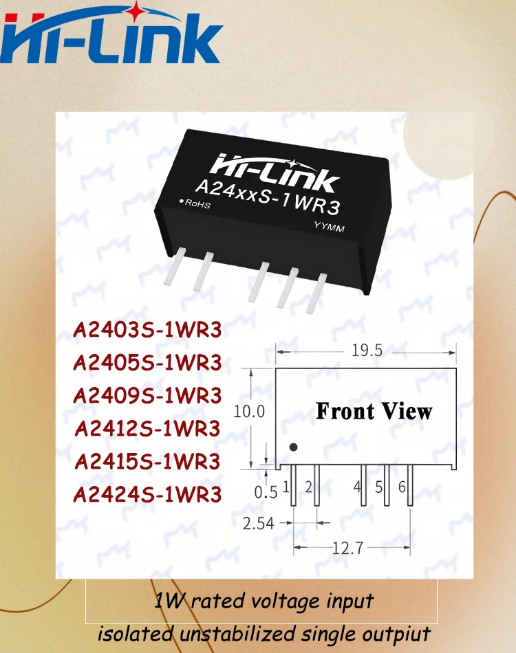 Hi-Link A2405S A2412S 1W 4 Pin SIP Isolation Regulator 1500VDC Barrier 90 Percent Transfer Low Ripple Single Channel Output