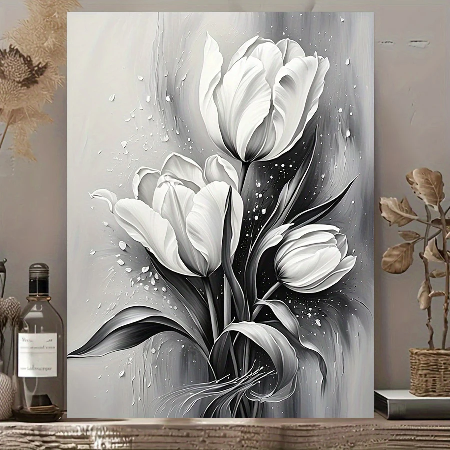 

Stylish Tulip Canvas Art Print Posters- Botanical Black and White Floral Wall arts Decor, Floral Design for Living Room, Bedroom
