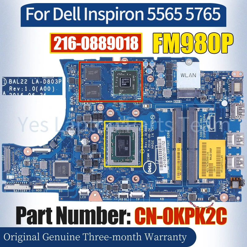 

BAL22 LA-D803P For Dell Inspiron 5565 5765 Laptop Mainboard CN-0KPK2C FM980P 216-0889018 100％ Tested Notebook Motherboard