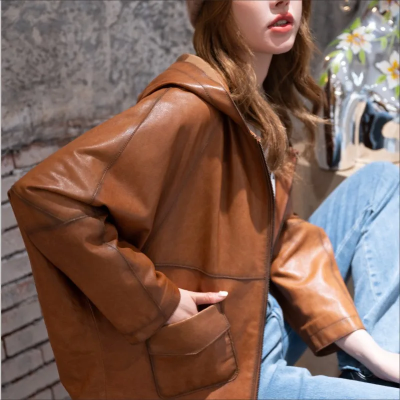 Women's Casual Imported Sheepskin Coat, Hooded Cape Style, Genuine Leather Jacket, Spring/Autumn Loose Fashion Outerwear