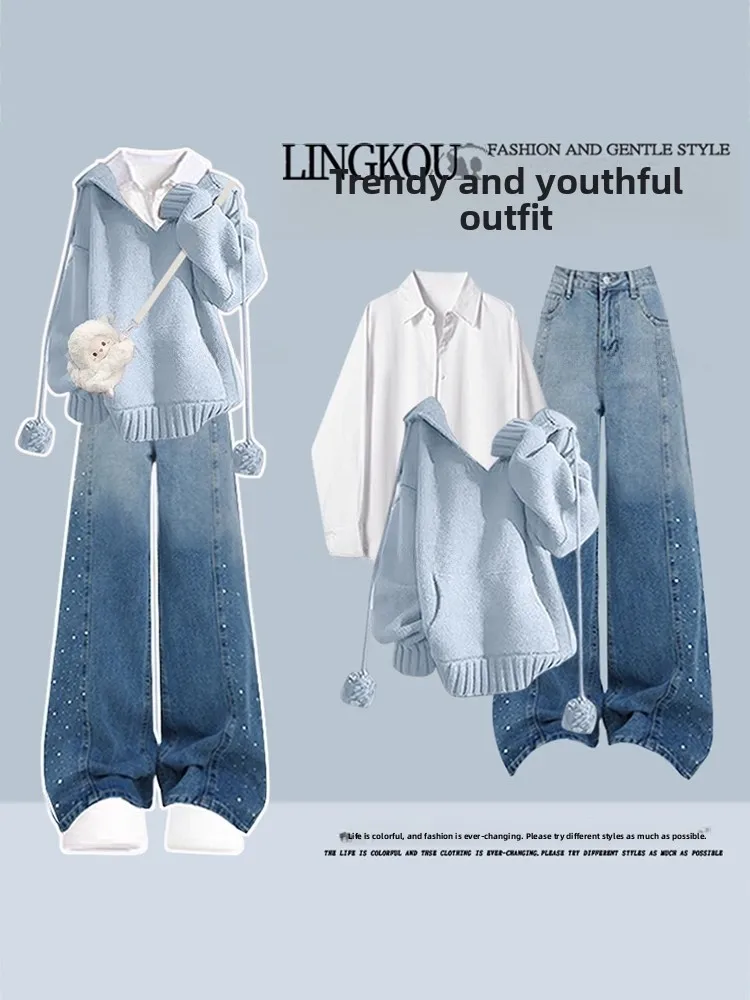 

Ele plus Size Autumn Set Women's Beautiful Aosphere Hoodie Base irt adient Jeans Tee Piece Set High Waist Long Pants