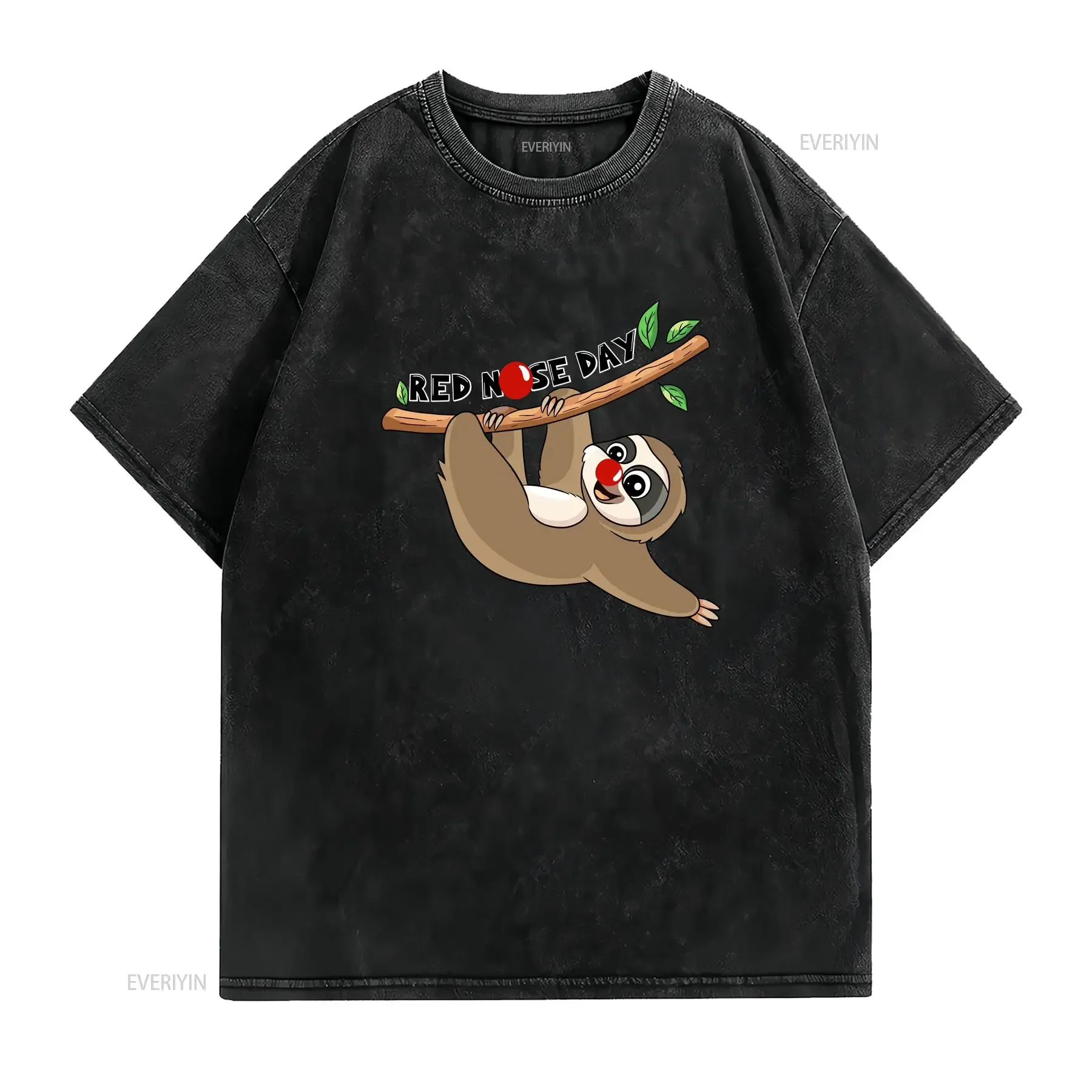 Sloth red nose day t shirt Cute Funny comic relief vintage Washed homme fashion Unisex designer clothes streetwear Slightly