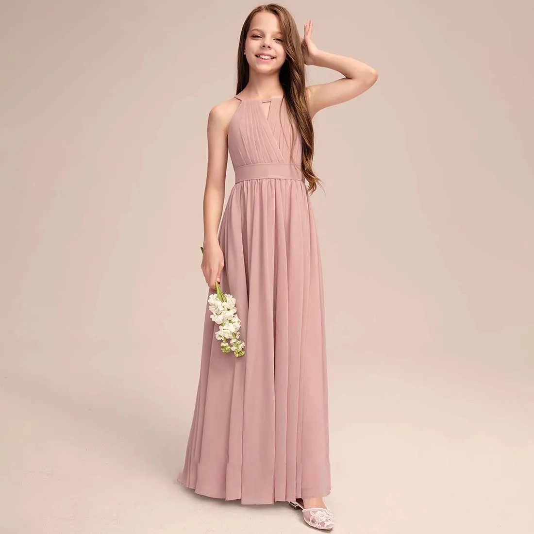 YZYmanualroom Chiffon Junior Bridesmaid Dress With Bow Pleated A-line Halter Floor-Length 2-15T