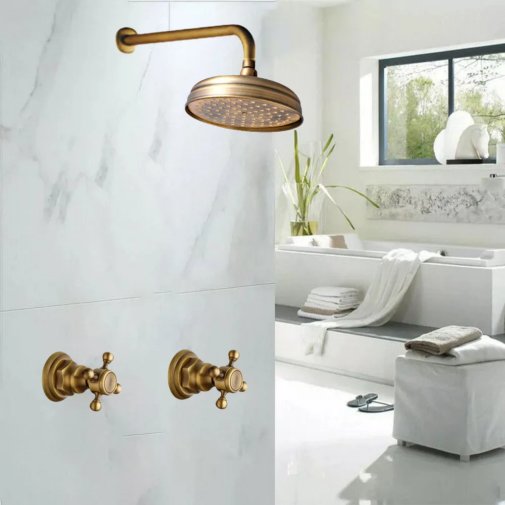 

Shower Faucet Sets 8 inch Antique Brass Round Rainfall Shower Head Wall Mounted Bathroom 2 Handles Shower Systerm Nbn200