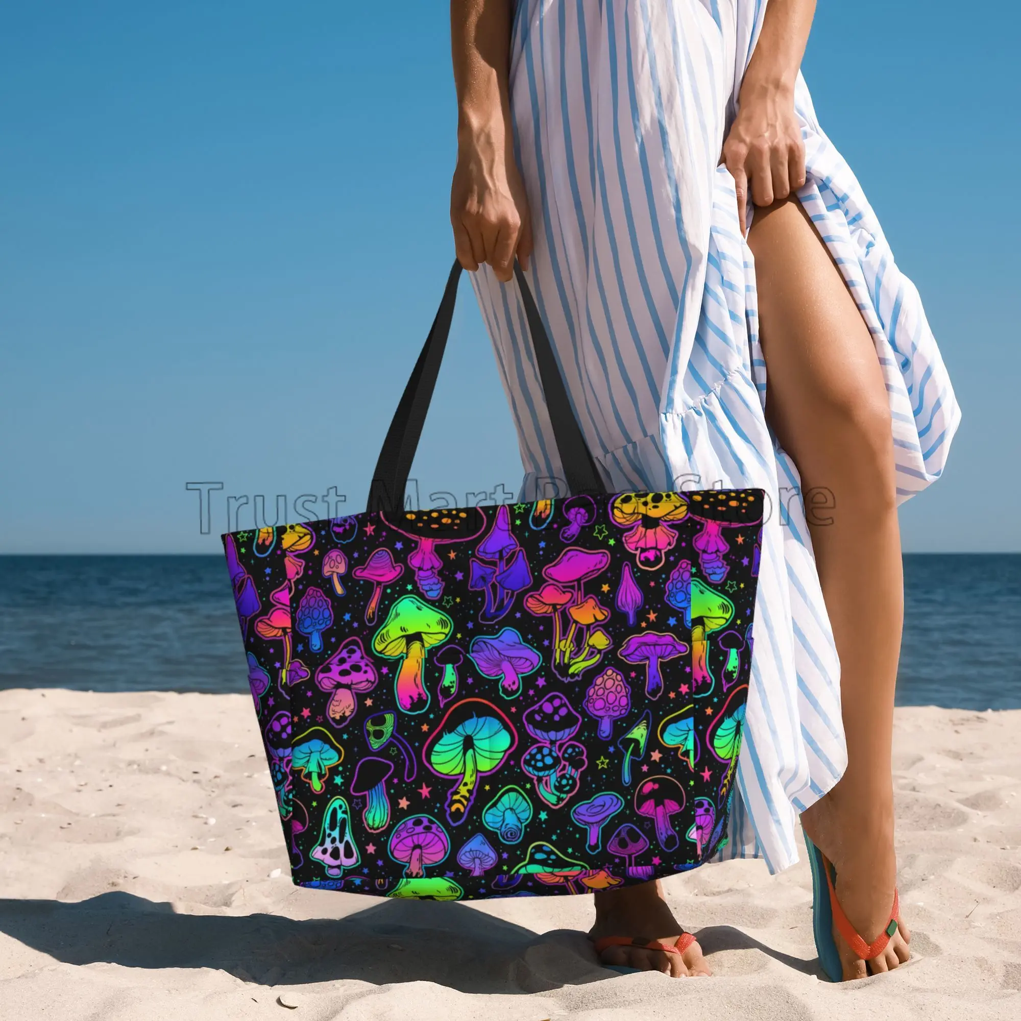 Magic Mushrooms Large Beach Tote Bag Women Waterproof Sandproof Zipper Beach Tote Bag for Pool Gym Swim Travel Vacation