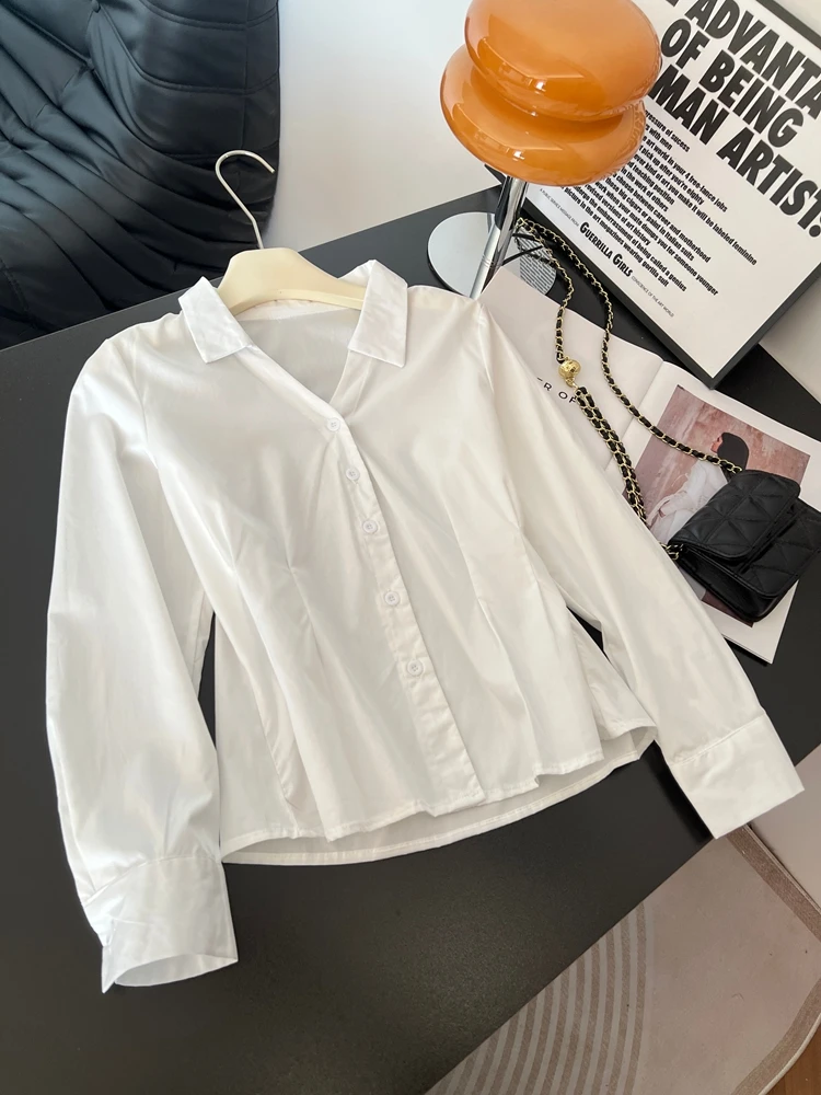 Elegant Pure Cotton White Long Sleeve Shirt Women's Early Autumn New plus Size Slimming Pleated Waist-Cinching Top