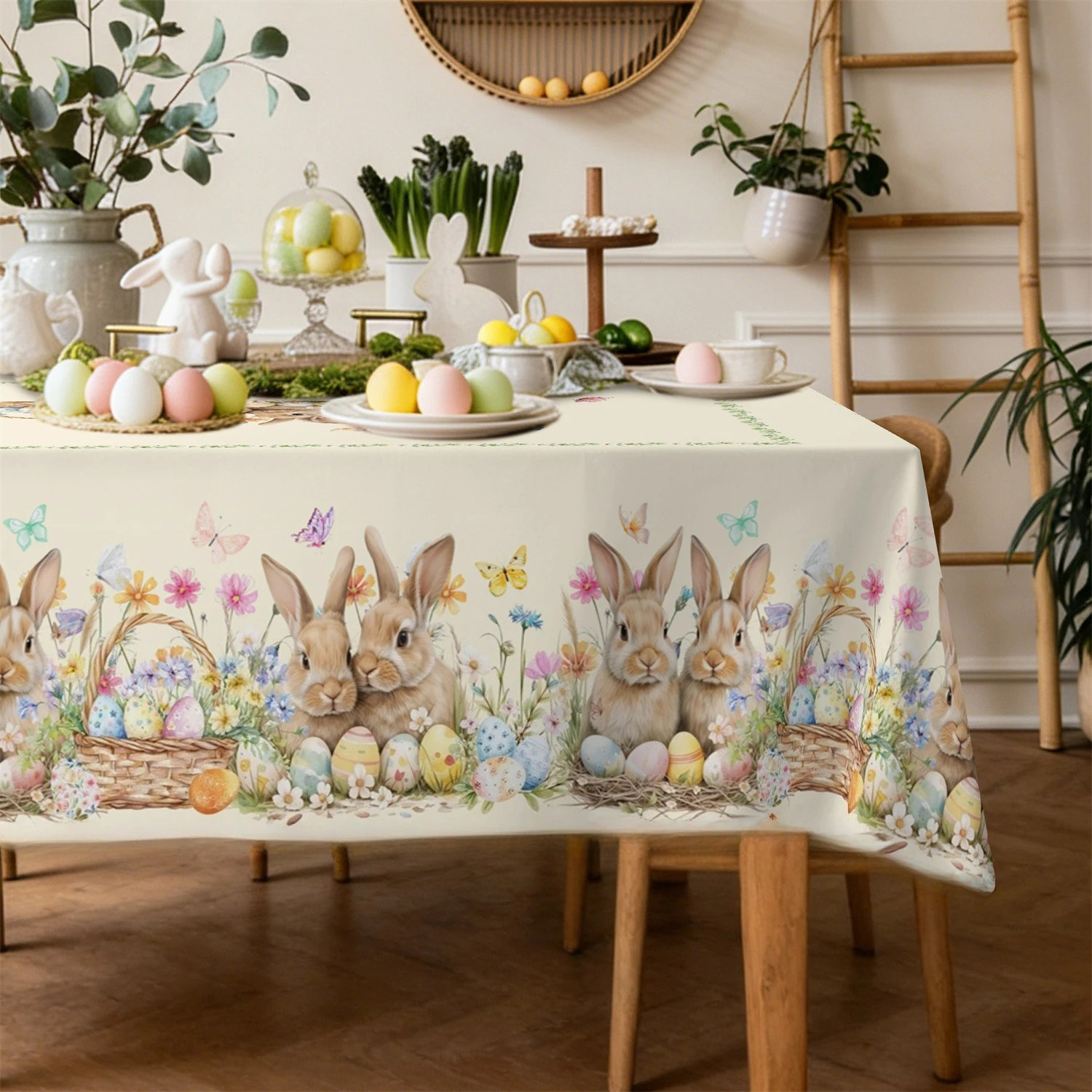 Easter Egg Bunny Floral Basket Tablecloth Party Decor Spring Watercolor Flowers Butterfly Dining Table Cloth Easter Decorations