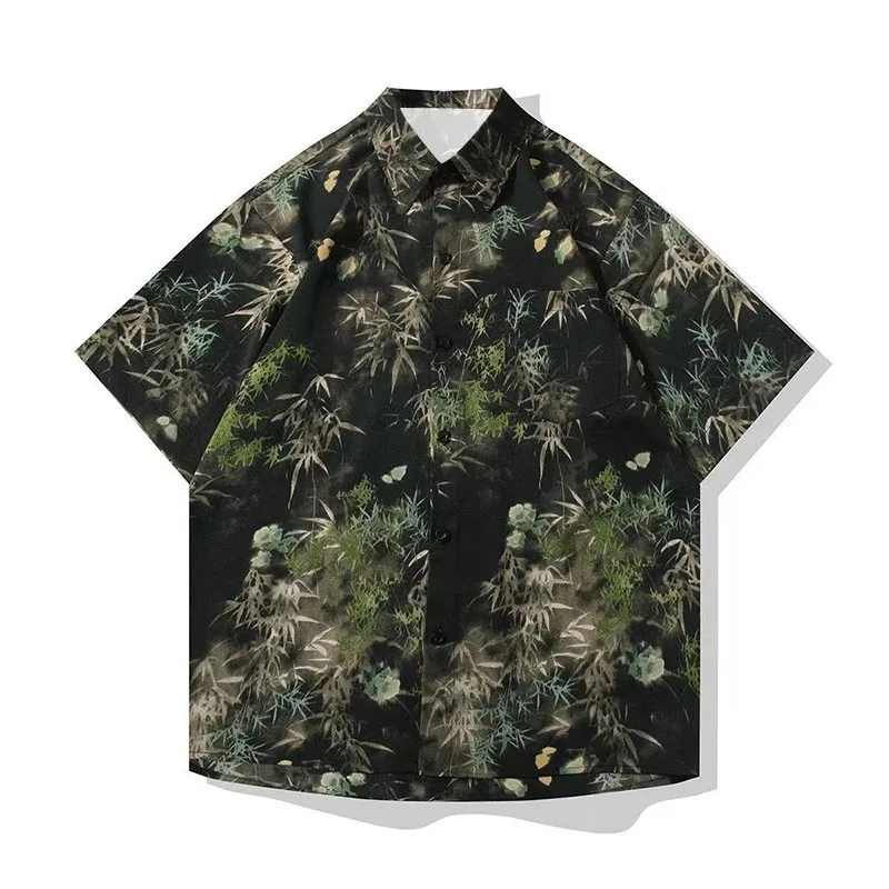 

Men Chinese Style Bamboo Print Ice Silk Shirt Short Sleeve Loose Casual Blouse