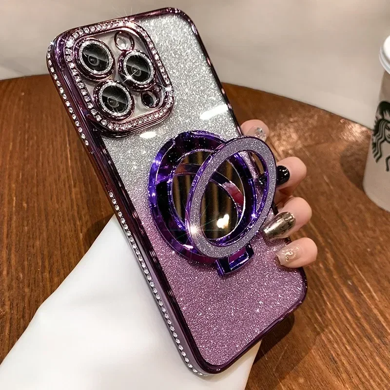 Luxury Diamond Clear Glitter Magsafe Phone Case For iPhone 16 11 14 13 12 15 Pro Max Mirror Magnetic Holder Stand Soft Cover