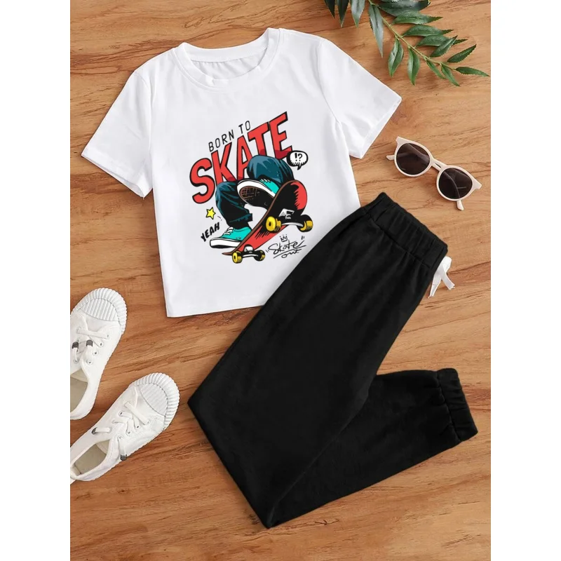 

IURNXB Little Boys 2PCS Outfits Short Sleeve Top+Pants Skate Printed Children Clothes Set Kids Playwear Casual Suits Summer 1-6Y