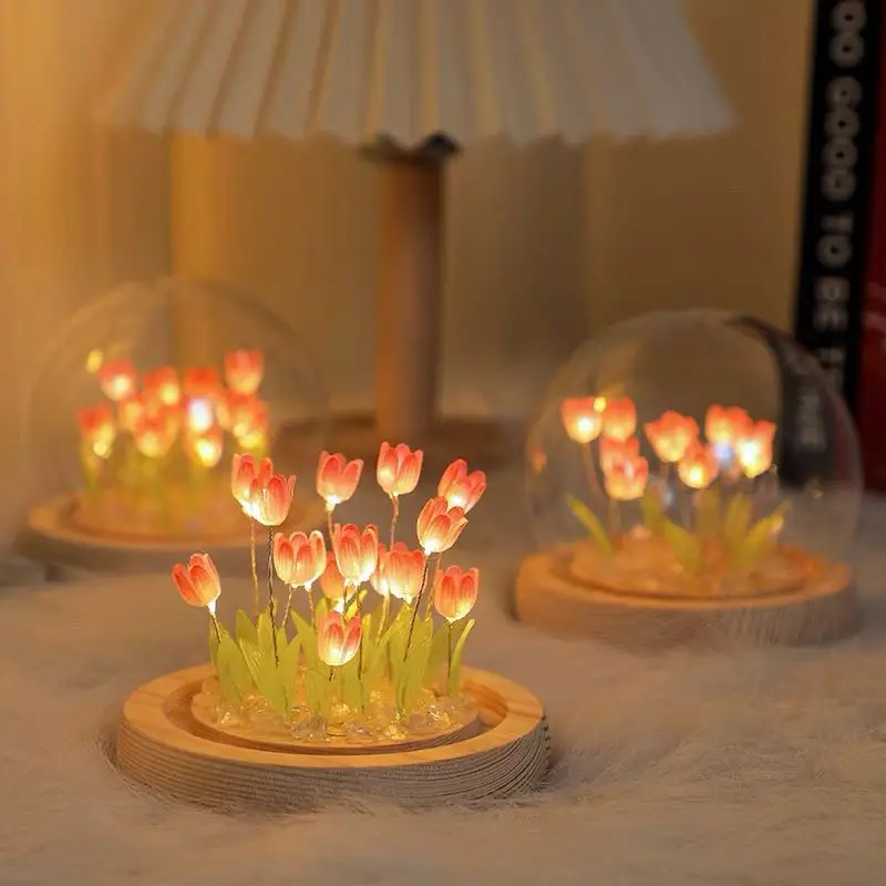 Artificial Tulip Night Light with Transparent Cover Handmade DIY Bedside Lamp LED Night Light Home Decoration Atmosphere Light