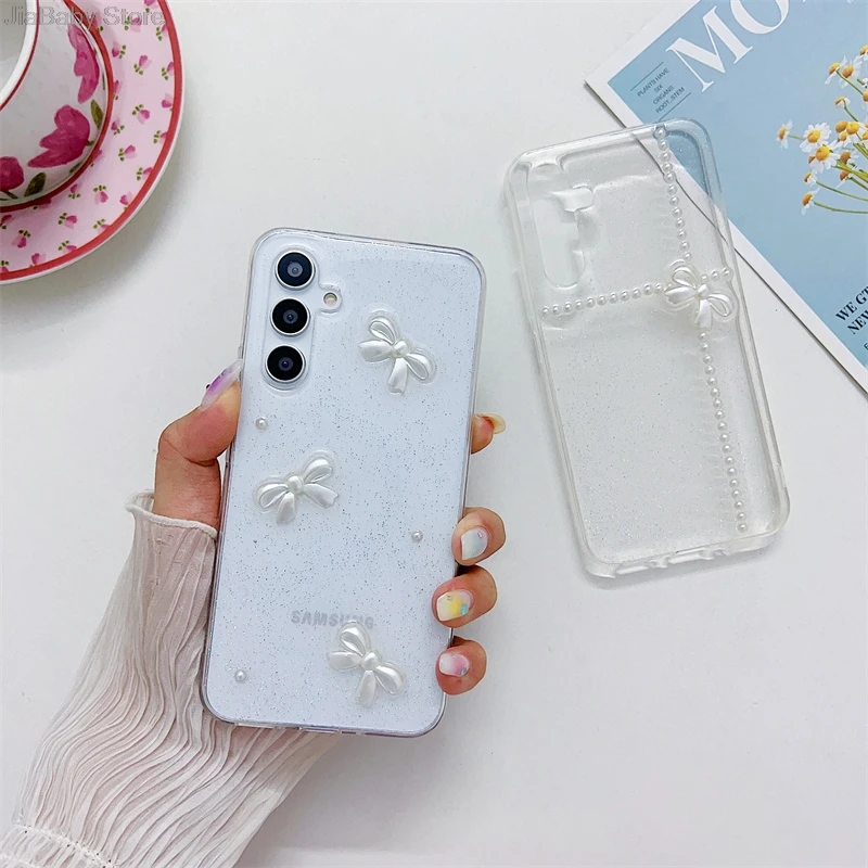 Bow Clear Liquid Phone Case For Samsung A50 A70 A51 A71 A12 A32 A52 A72 A13 A23 A33 A53 A73 A14 A34 A54 A24 A15 A35 A55 Cover