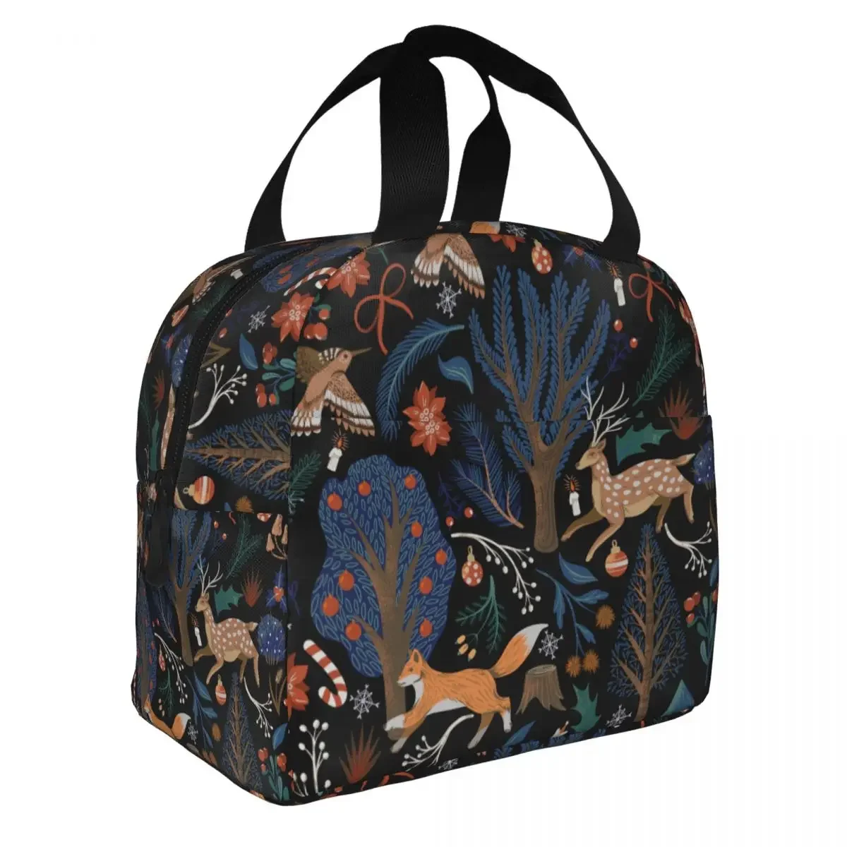 Trees Deer Foxes Christmas Lunch Bag Waterproof Insulated Canvas Cooler Bags Thermal School Lunch Box for Women Kids