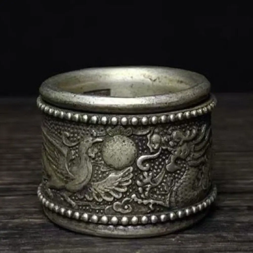 Old Chinese Tibet Silver Handcarved Dragon Phoenix Turn Ring Guangxu Mark