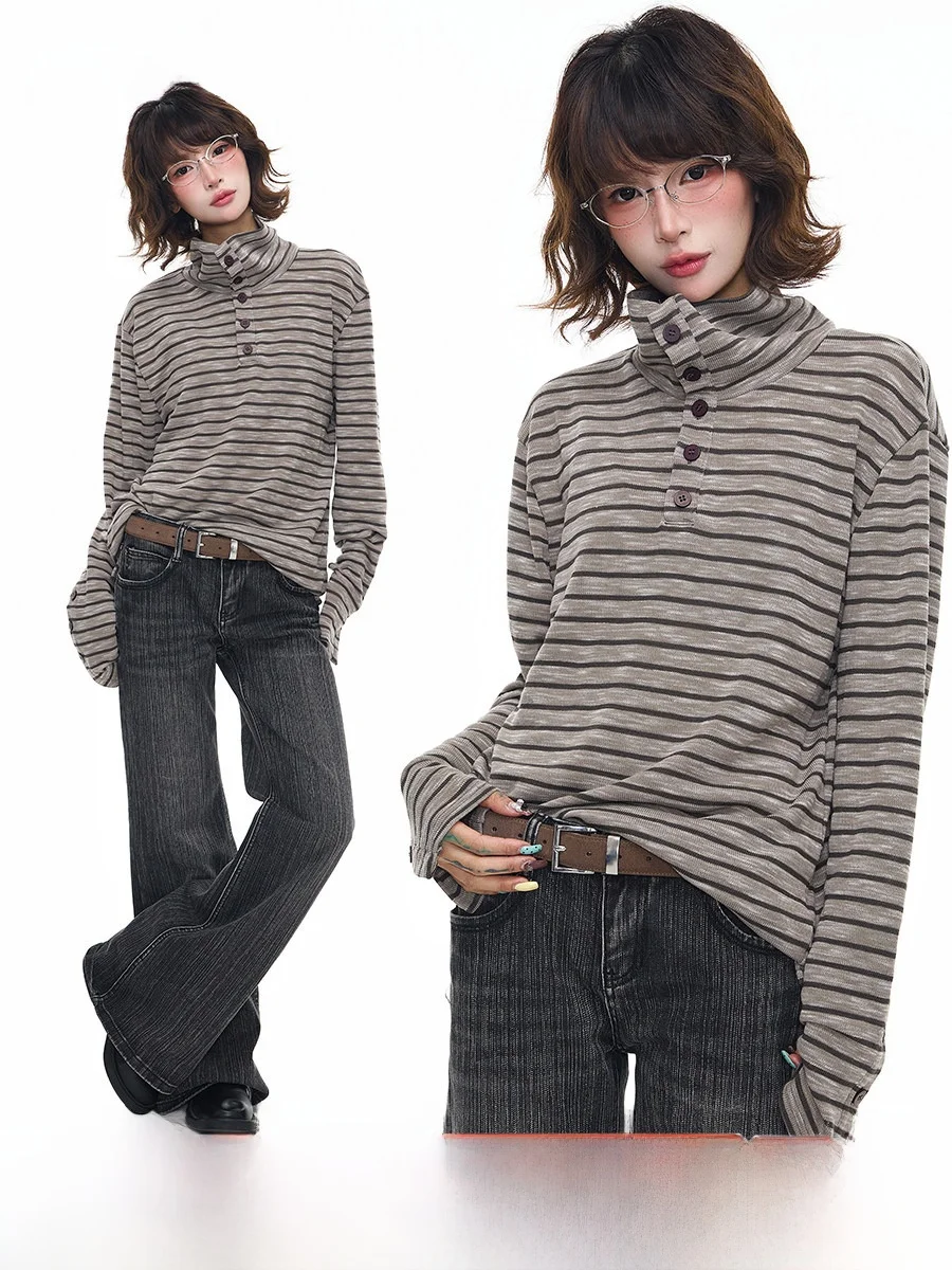 

Sanowers American Retro Striped Stand Collar Long Sve Women's T-irt Spring New Loose Versatile Base irt Top