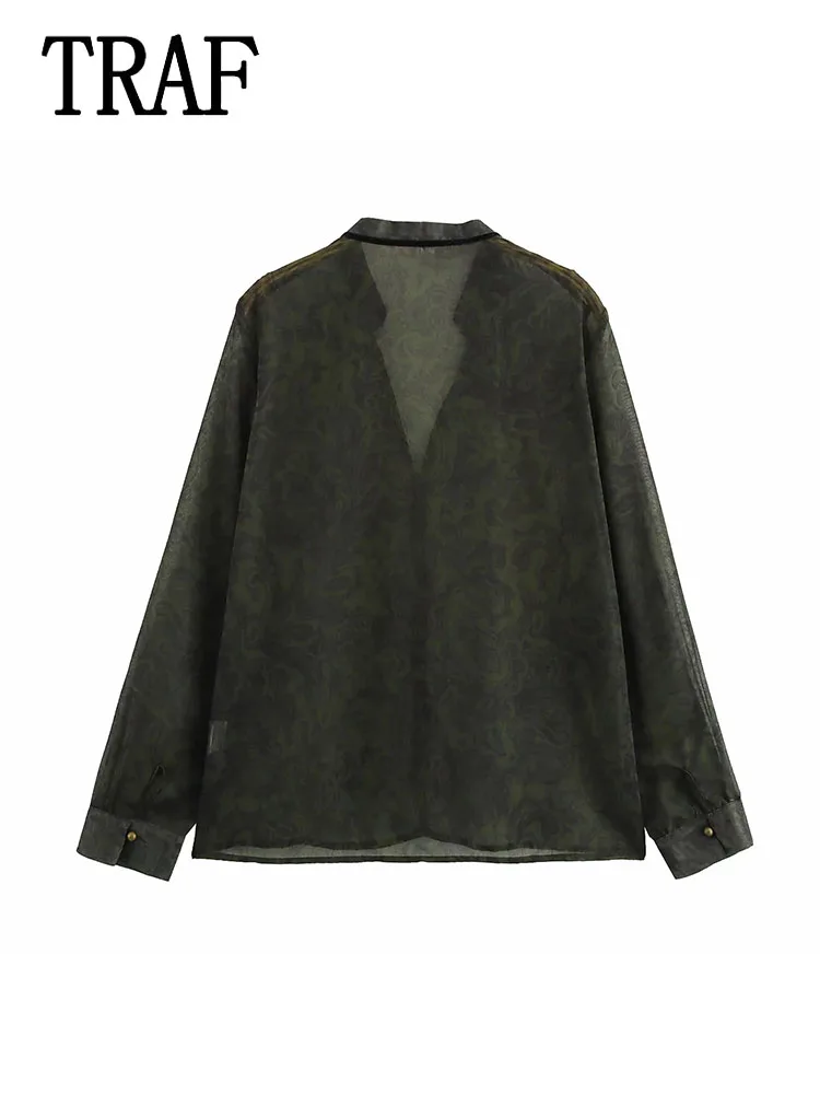 TRAF Green Printed Shirt Woman Semi-Transparent Tops for Women Fashion Long Sleeve Women's Casual Shirt And Blouses Top ﻿