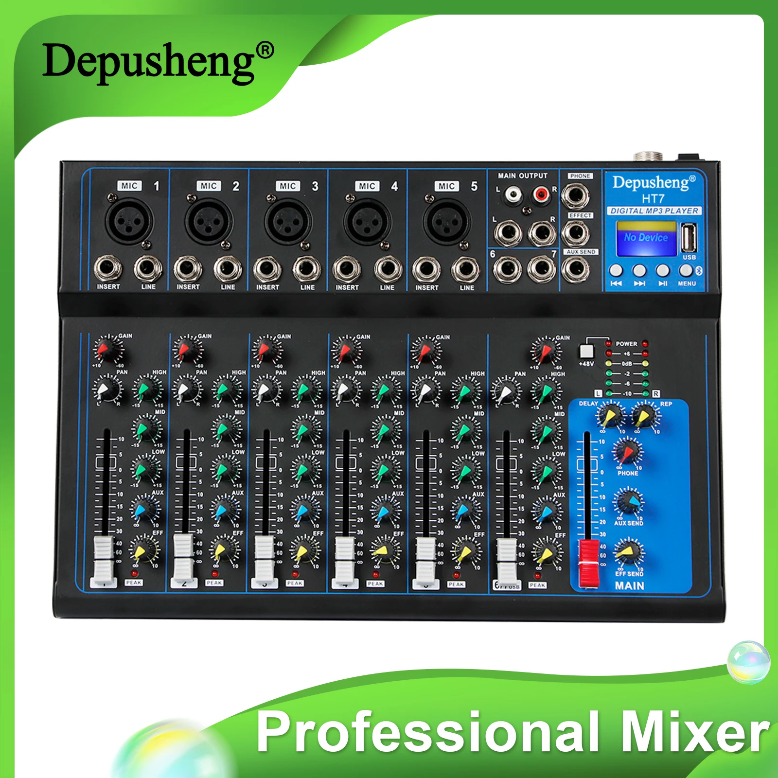 Depusheng HT7 Bluetooth Tragbarer Audio-Mixer USB DJ-Sound-Mischpult MP3-Anschluss 48V Stromversorgung für Computer-Aufnahmen, 7-Kanal-Mischpult für Studioaufnahmen