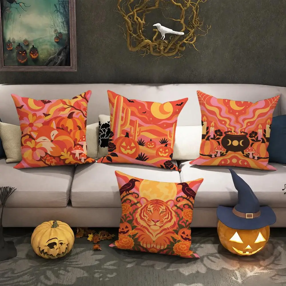 Groovy Halloween Animal Gift Cushion Cover Halloween Rustic Throw Pillow Covers, Cute Ghost Pumpkin Maple Leaf Cushion Covers