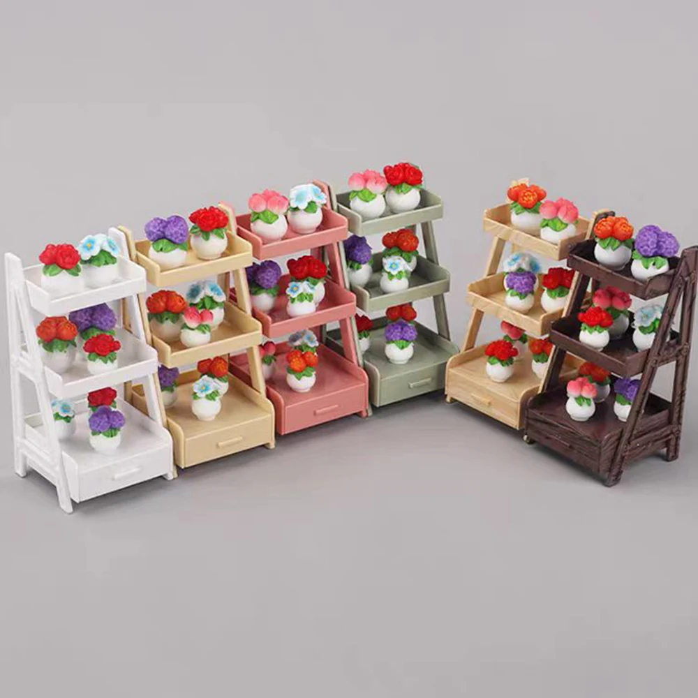 1/12 Dollhouse Miniature Plant Wooden Shelf Flower Display Simulation Furniture Fairy Garden Tool Storage Rack Decor Kitchen Toy